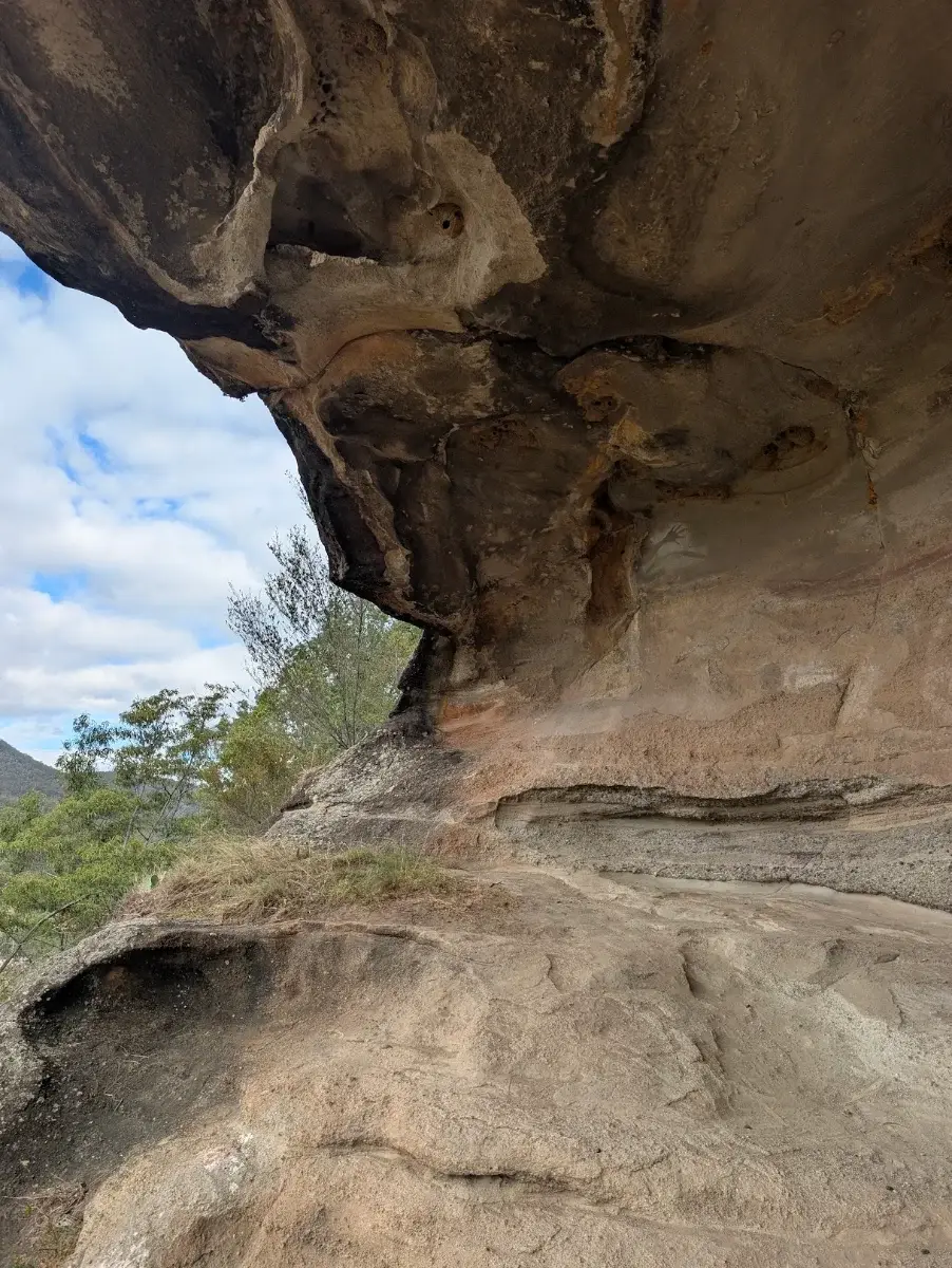 The sandstone overhang at Baiame Cave near Bulga, looking out over bushland